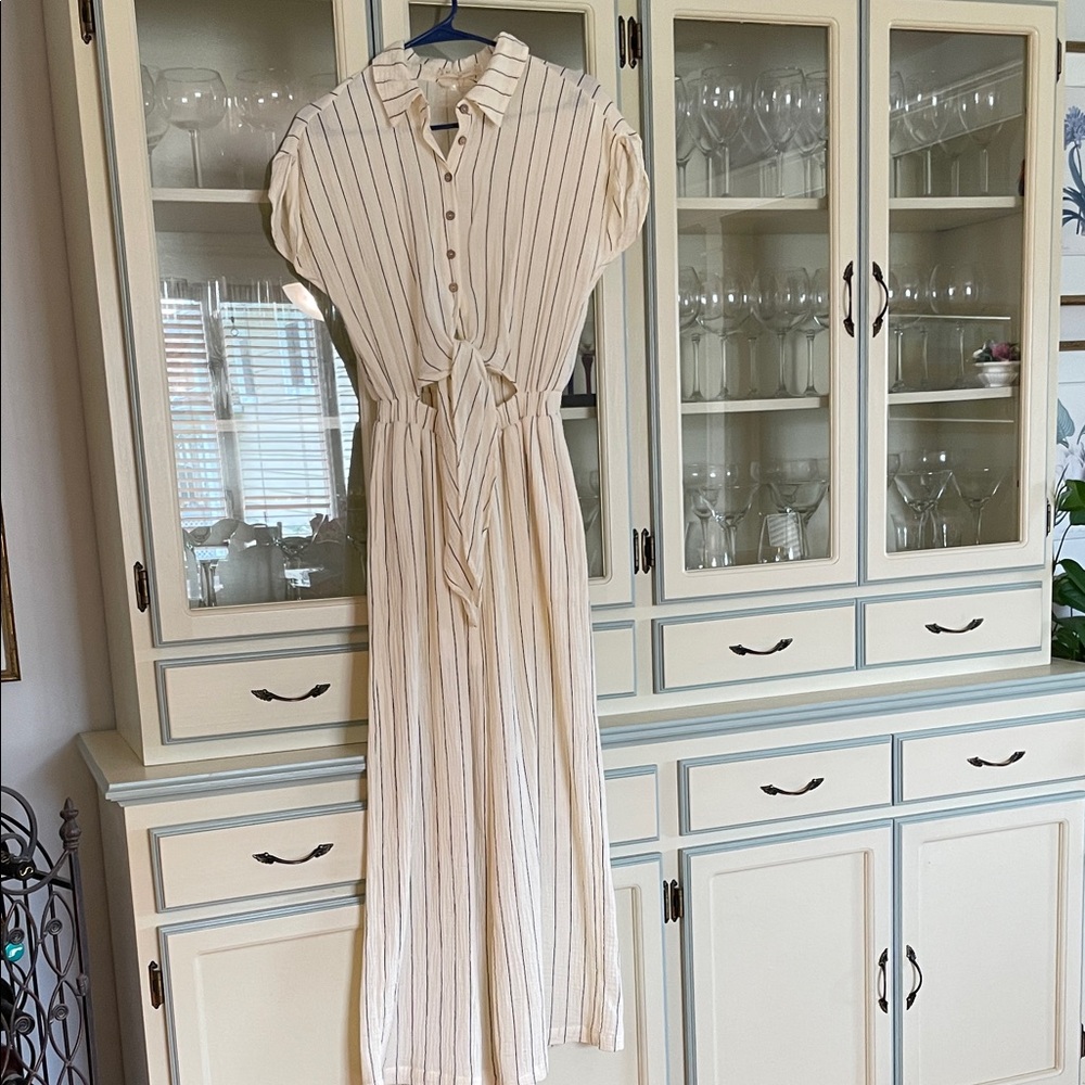 Striped Cream and Navy Button-Up Pantsuit